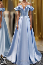 Blue A Line Off Shoulder Long Evening Prom Dresses, Blue Evening Prom Dresses